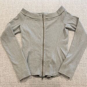 We The Free Grey Ribbed Off The Shoulder  Zip-Up Top